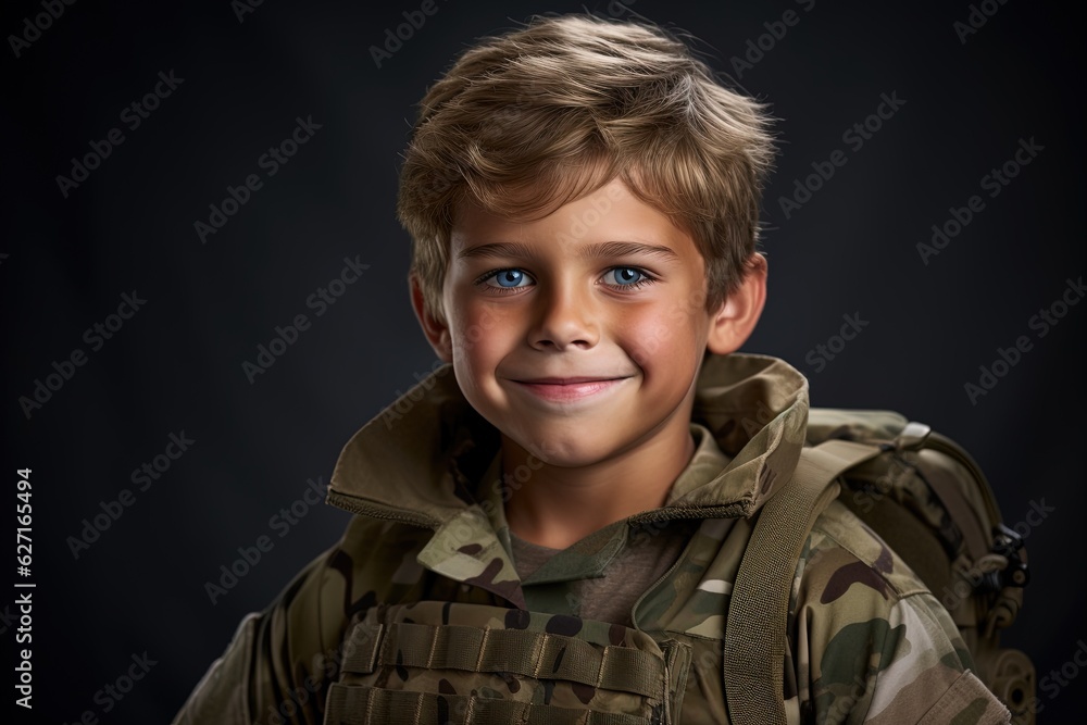 Portrait of a cute little boy in military uniform on dark background.Generative Ai Portrait of a cute little boy in military uniform on dark background.Generative Ai