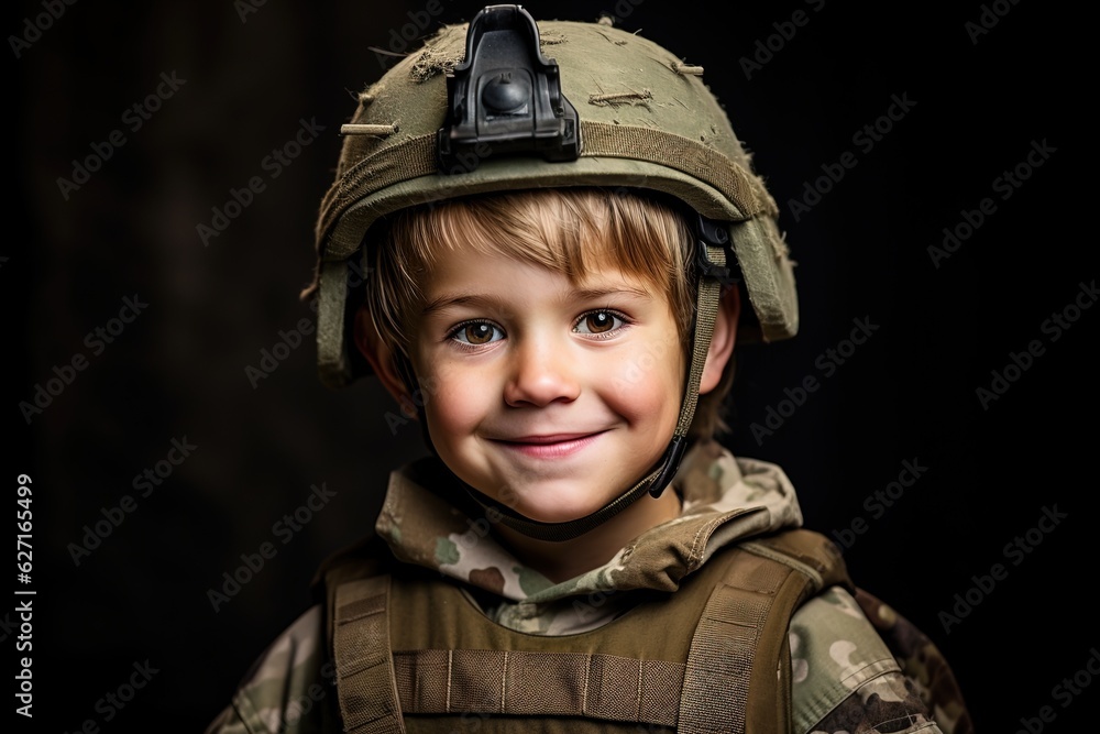 Portrait of a cute little boy in military uniform on dark background.Generative Ai Portrait of a cute little boy in military uniform on dark background.Generative Ai