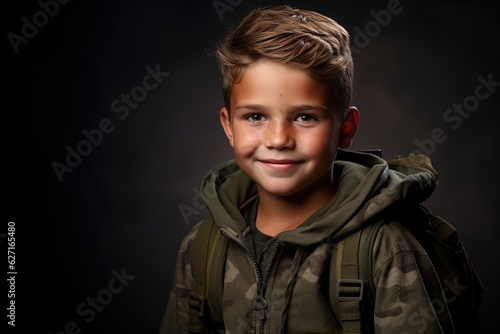 Portrait of a cute little boy in military uniform on dark background.Generative Ai