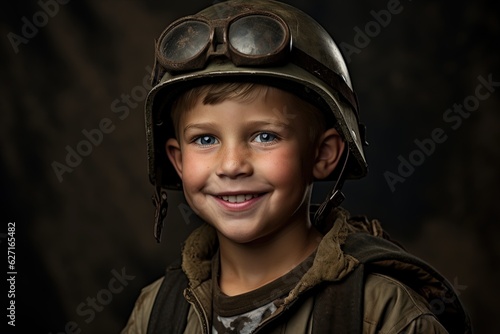 Portrait of a cute little boy in military uniform on dark background.Generative Ai © Rudsaphon