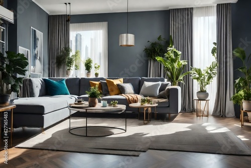interior of gray walled living room with comfortable sofa center table carpet curtains potted plants while window sunlight illuminating place © Pretty Panda