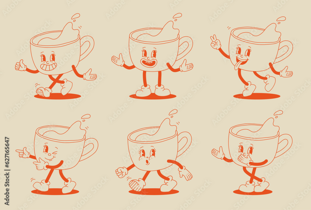 Retro cartoon coffee cup character set. Mug mascot in different poses. 70s-80s groovy contour vector illustration. Espresso black coffee cup. Retro cartoon coffee cup character set. Mug mascot in different poses. 70s-80s groovy contour vector illustration. Espresso black coffee cup.