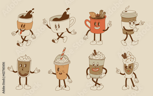 Collection cute cartoon characters of coffee takeaway and pastries donut, chocolate chip cookie, ice cream and cupcake. Vector illustration. Isolated desserts food and drink in retro nostalgic style