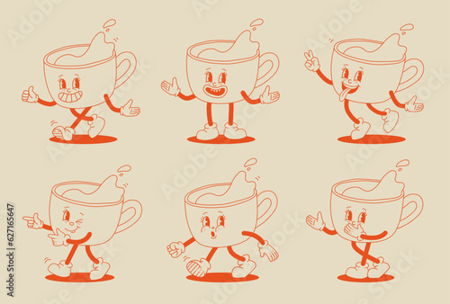 Retro cartoon coffee cup character set. Mug mascot in different poses. 70s-80s groovy contour vector illustration. Espresso black coffee cup.