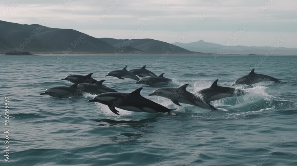 Fototapeta premium Group of dolphins swimming in the sea