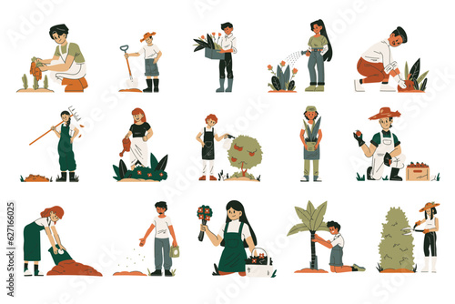 boys and girls planting. Happy boys and girls gardening digging picking plants eco weather protect tree vector set. Gardening illustration of boys and girls with shovel watering and planting