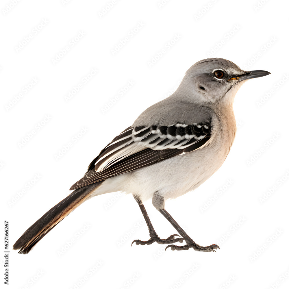 Fototapeta premium Northern Mockingbird, wild bird, bird watching, realistic illustration, side view, transparent background, png, generative ai