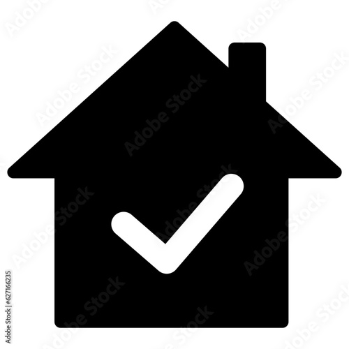 Black single mortgage approval icon, simple house with checkmark flat design vector pictogram, infographic vector for app logo web website button ui ux interface elements isolated on white background