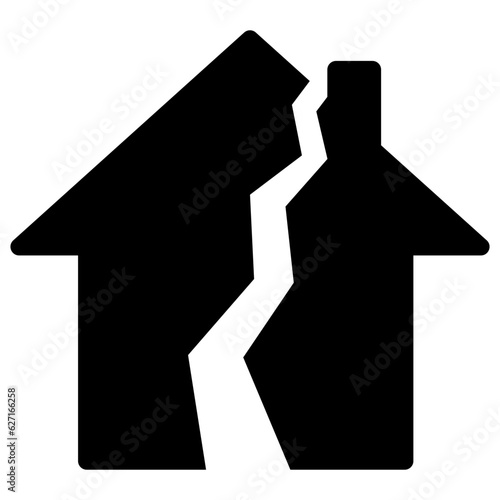 Black single damage house icon, simple broken family relationship flat design illustration infographic pictogram vector, app logo web button ui ux interface elements isolated on white background