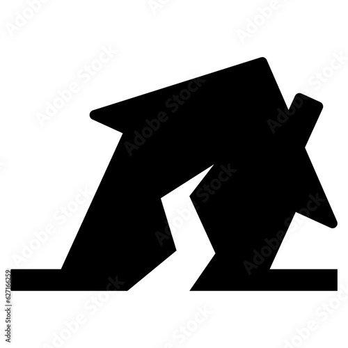 Black single earthquake house icon, simple broken home disaster flat design illustration infographic pictogram vector, app logo web button ui ux interface elements isolated on white background