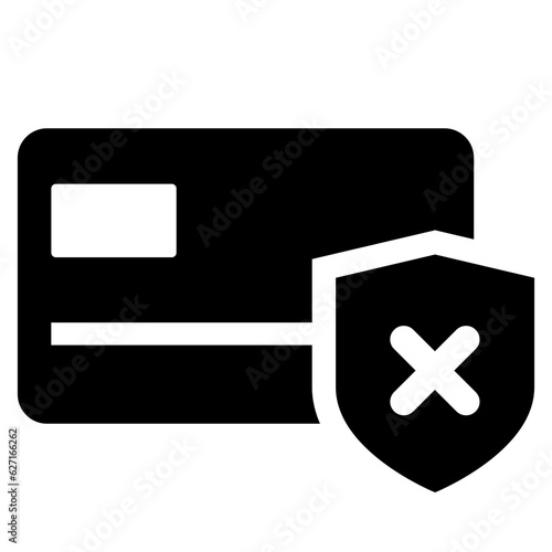Black single unsecured debit or credit card icon, simple transact safety x issue flat design infographic pictogram vector, app logo web button ui ux interface elements isolated on white background
