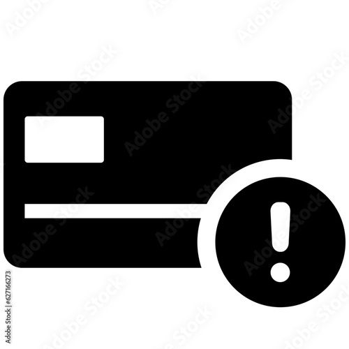 Black single bank credit card error warning icon, exclamation mark, simple flat design pictogram interface element for app ads logo ui ux seal web banner button, vector isolated on white background