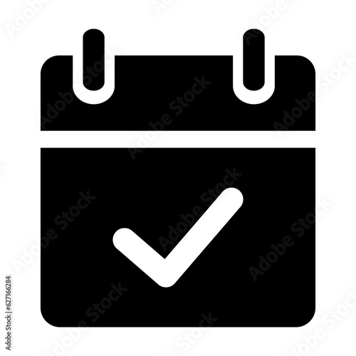 Black single appointment date check icon, simple calendar confirmed flat design illustration pictogram vector for app ads web banner button ui ux interface elements isolated on white background