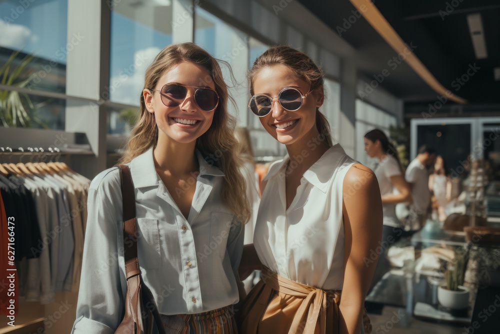 photorealism of Two happy girlfriends look at the shop window while standing with a shopping bag near the mall.generative ai