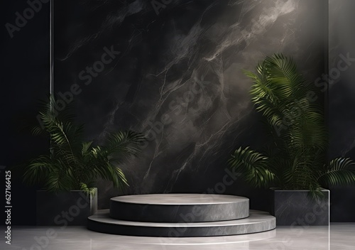Luxury mockup podium stone with golden marble texture and golden circle for branding and packaging presentation. Black and gold natural pedestal. AI Generative.