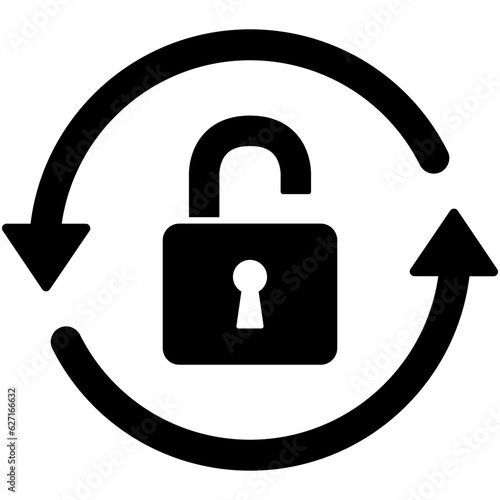 Black round unlock reload icon, simple secure key protection flat design vector pictogram, infographic vector for app logo website button banner ui ux interface elements isolated on white background