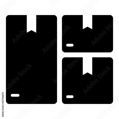 Black pile of stacked sealed goods cardboard boxes icon, boxes storage flat design illustration, pictogram vector for app ads web banner button ui ux interface elements isolated on white background
