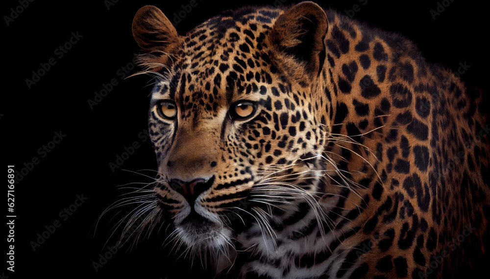 Close up Portrait of a leopard,  Portrait of leopard on black background, Ai generated image 