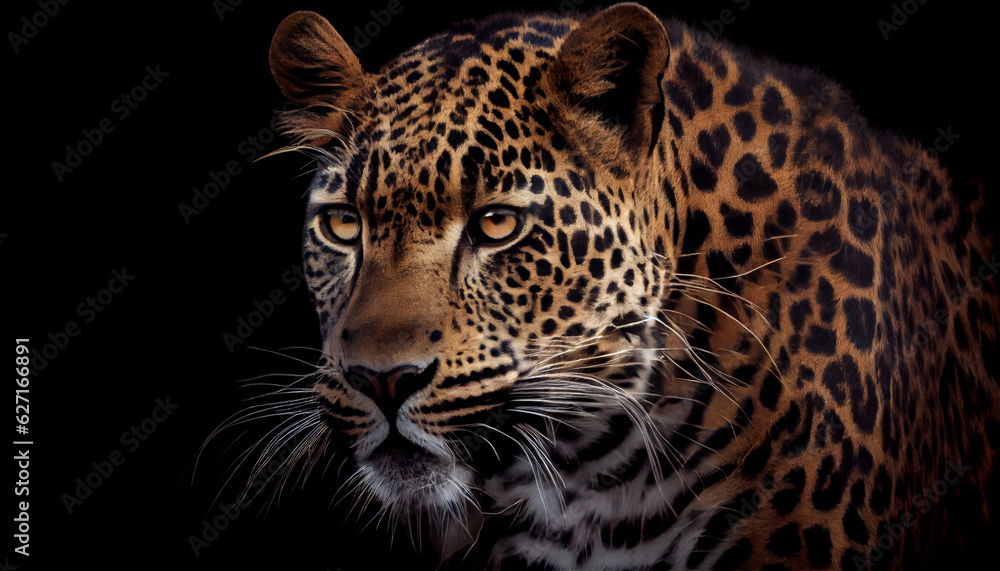 Obraz premium Close up Portrait of a leopard, Portrait of leopard on black background, Ai generated image 