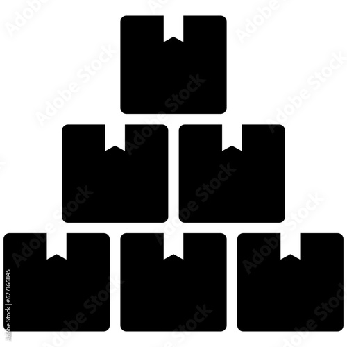 Black pile of stacked sealed goods cardboard boxes icon, boxes storage flat design illustration, pictogram vector for app ads web banner button ui ux interface elements isolated on white background