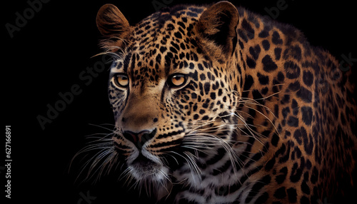 Close up Portrait of a leopard,  Portrait of leopard on black background, Ai generated image  © PixxStudio