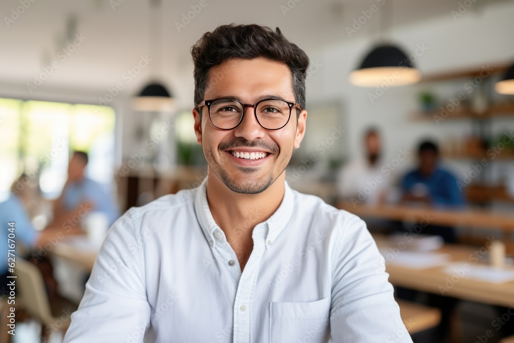 Obraz premium Male teacher during a class with students in the background. AI Generated.