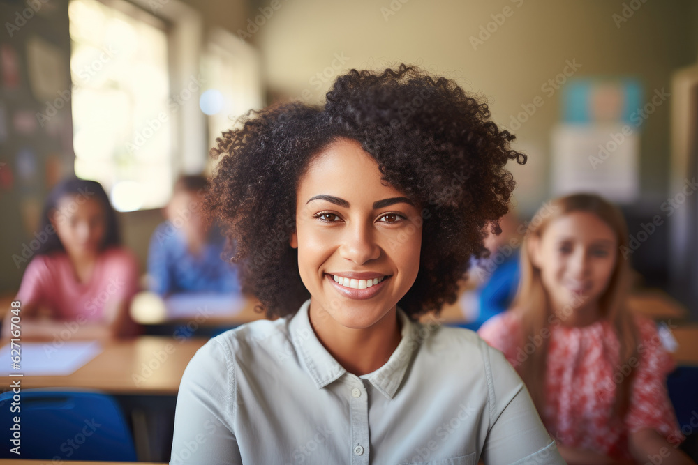 Female teacher during a class with students in the background. AI Generated.