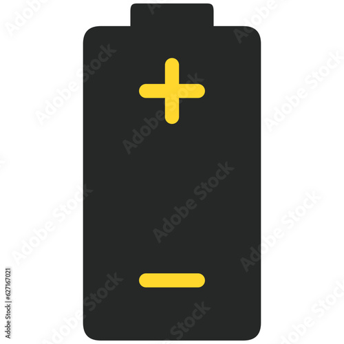 Black battery indicator icon with yellow positive & negative poles, simple shape power source charging flat design infographics vector, app web button ui interface element isolated on white background