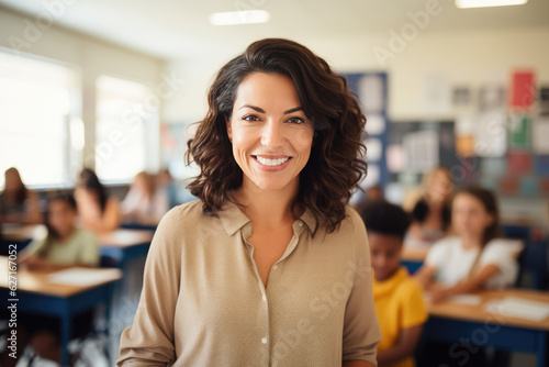 Female teacher during a class with students in the background. AI Generated.