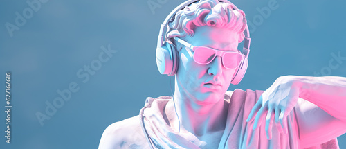 Greek statue wearing headphones, Generative ai