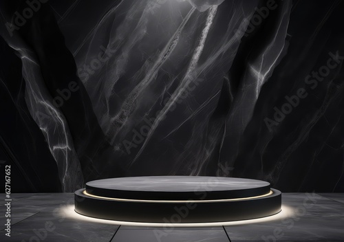 Stampa su tela Luxury natural stone podium for showing packaging and product on black background, copy space