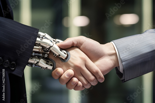 Handshake between two a human and robot, Generative ai © Ozis