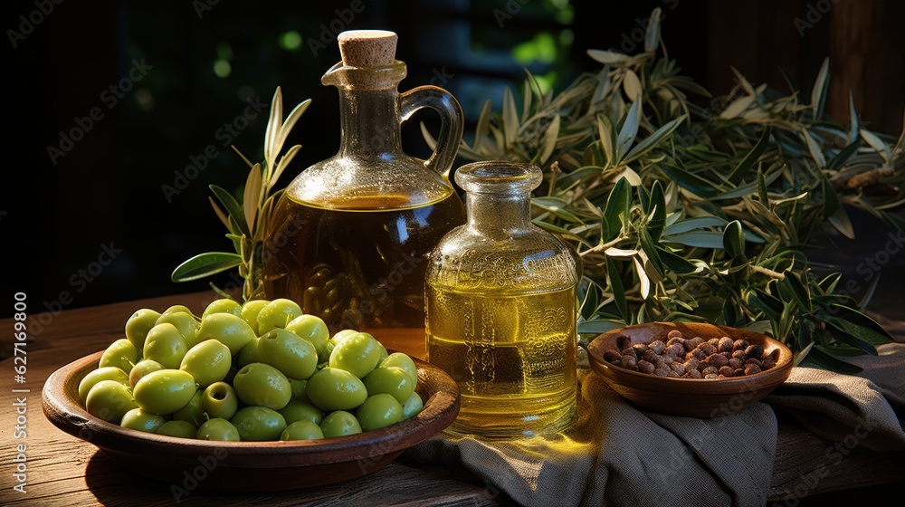 green olives and oil, ai generative green olives and oil, ai generative
