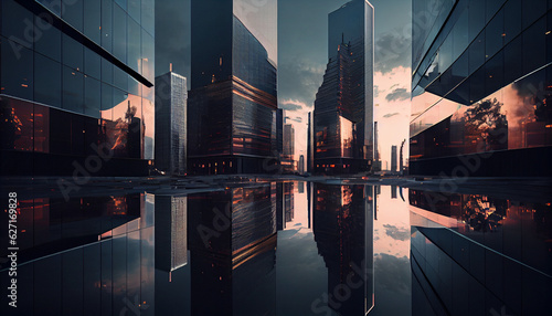 Reflective skyscrapers, business office buildings, view of the city Ai generated image