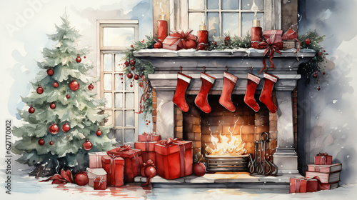 christmas stocking hanging at a rich decorated fireplace in watercolor painting design