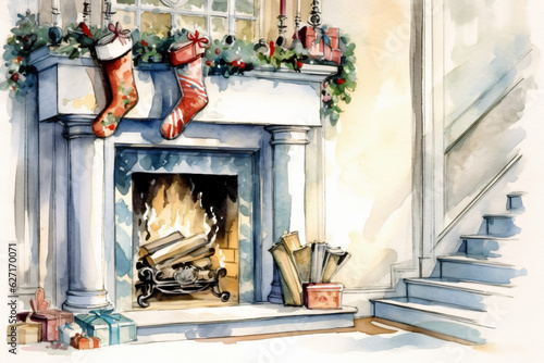 christmas stocking hanging at a rich decorated fireplace in watercolor painting design