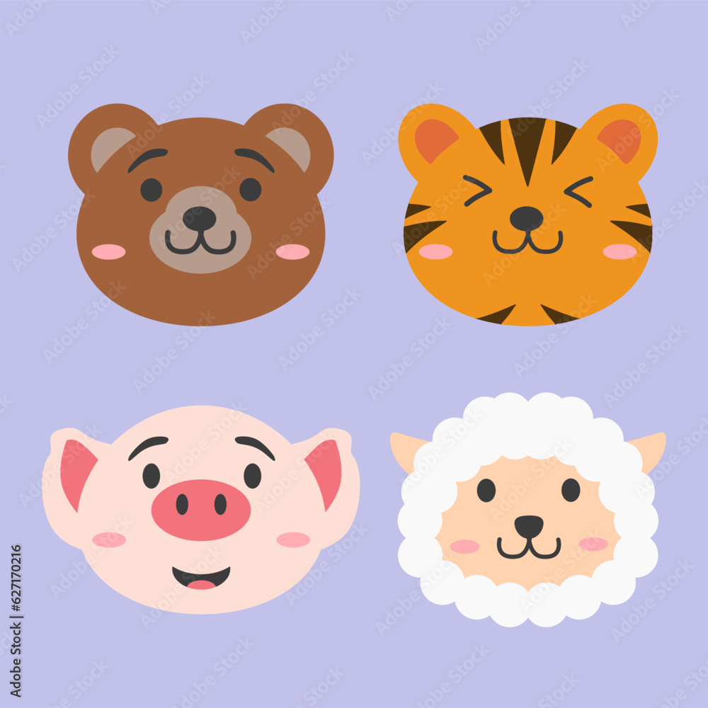 Cute Animal Head, bear, tiger, pig and sheep. Vector set stock Cute Animal Head, bear, tiger, pig and sheep. Vector set stock