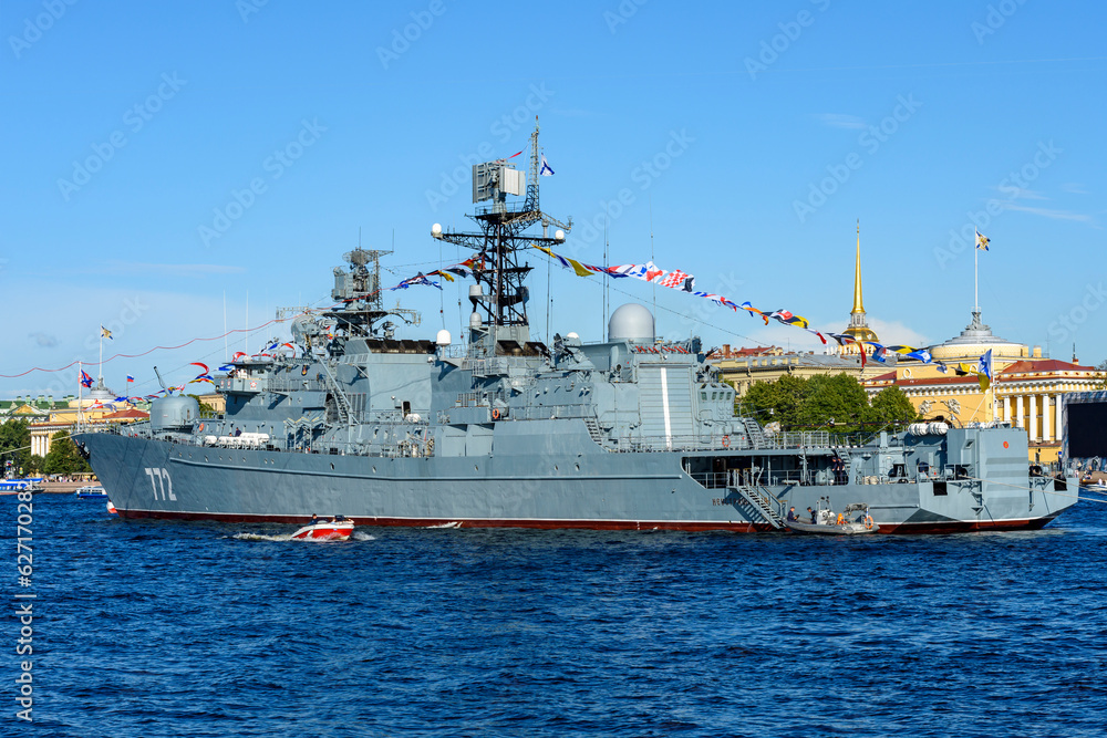 Battle ship on Neva river around Day of Russian Navy, Saint Petersburg, Russia