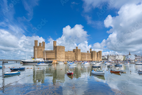 Caernarfon Castle on the River Seiont overlooking the Menai Strait in Wales