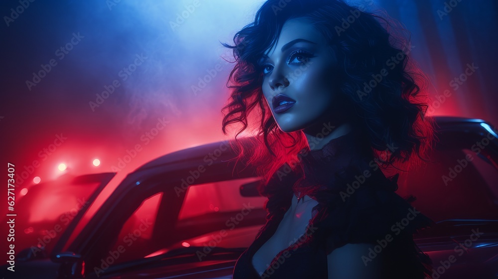 burlesque woman on the background of the car burlesque woman on the background of the car