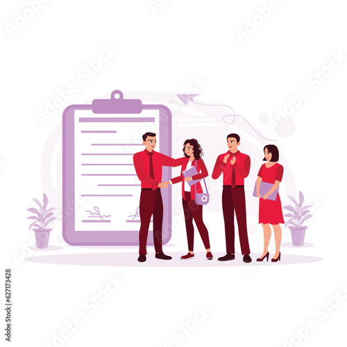 Happy co-workers shaking hands signifies a deal or making a deal after a successful negotiation. Boss shaking hands with happy employees respectfully. Trend Modern vector flat illustration