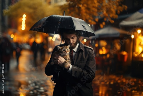 A man taking care of a kitten on the street, Protection and care for the defenseless, ai generated
