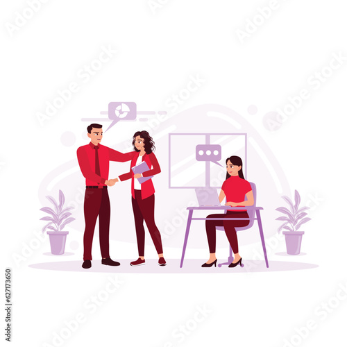 The boss congratulates the employee on the promotion. The office team praises employees for business success. Professional recognition concept. Trend Modern vector flat illustration