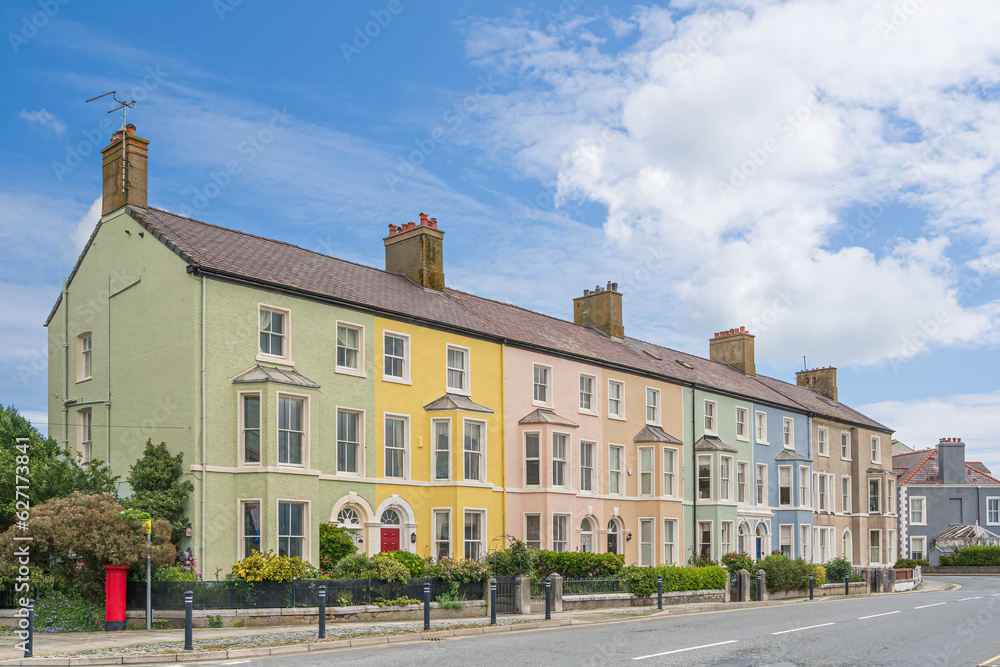 Row of Colorful houses overlooking the Menai Strait in Beaumaris on the island of Anglesey in North Wales