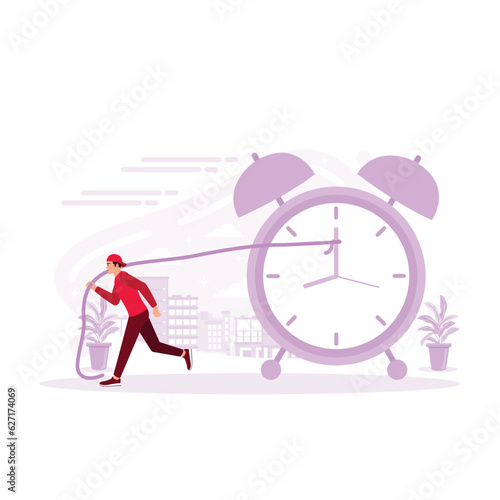 Businessman pulling clock in time management concept. The entrepreneur tries to hold back time to make that important deadline. Time management concept. Trend Modern vector flat illustration