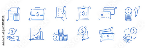 Money cash, coin business doodle icon set. Dollar coin, money profit doodle line sketch business inflation, cash payment. Financial profit, growth icon. Outline editable stroke. Vector illustration
