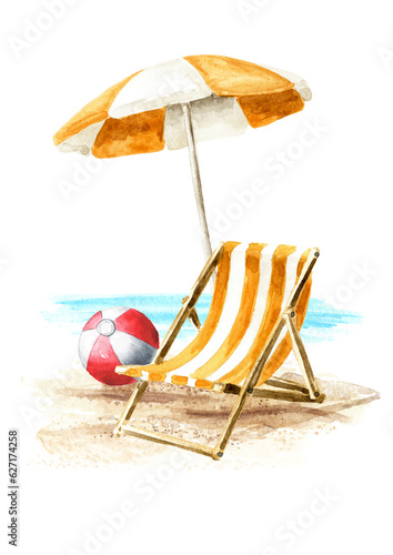 Beach chair on the sand near the sea. Summer vacation concept. Hand drawn watercolor illustration isolated on white background