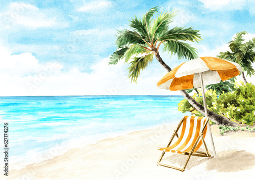 Beach chair and umbrella parasol on the sand near the sea  Summer vacation background concept    Hand drawn watercolor illustration with copy space