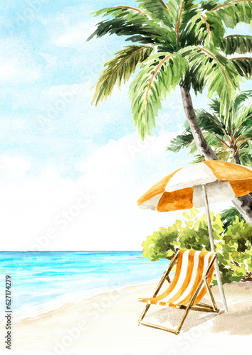 Beach chair and umbrella parasol on the sand near the sea, Summer vacation background concept Hand drawn watercolor illustration with copy space