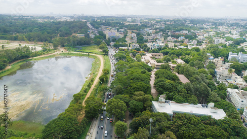 Bangalore, India 24th March 2022: An aerial shot of Bangalore city with live traffic and lake. The capital city of Karnataka drone view. The megacity of India. Cosmopolitan city. Indira nagar.